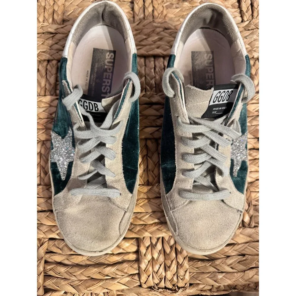Golden Goose Superstar Suede Green Velvet Glitter Low-Top Sneakers Size 9 - Picture 7 of 14